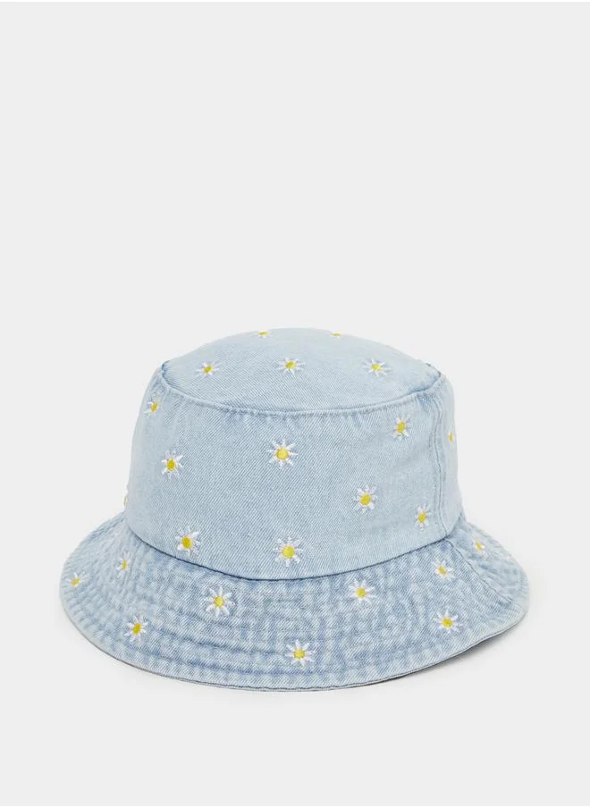 ستايلي Styli Floral Print Denim Bucket Hat