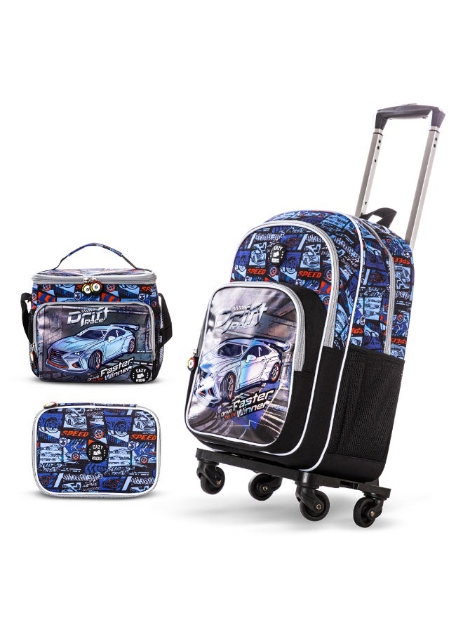 Eazy Kids 18" Set of 4 Backpack w/ 4 Wheel Trolley, Lunch Bag and Pencil Case - Car Racing - Image 1