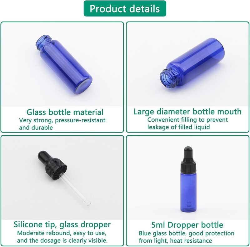 Rowiz 30pcs 5ml Small Dropper Bottles Essential Oils Glass Bottle Lotion Perfume Sample Vials with Glass Eye Dropper and Black Caps Pink Bottle. (Blue) - Image 4
