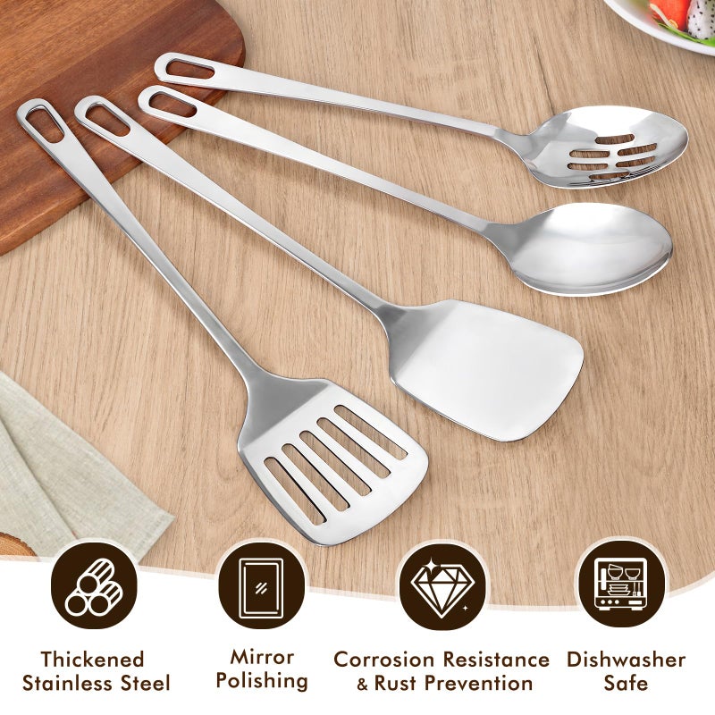 MemoGem 4 Pcs Cooking Utensils Set, Stainless Steel Kitchen Utensils, Heat Resistant Metal Kitchen Tools Include Solid & Slotted Turner Wok Spatula, Serving Spoon, Ergonomic Handle, Easy to Clean, Silver - Image 3