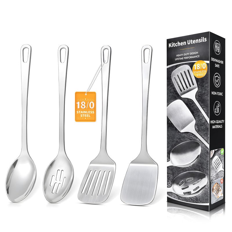 MemoGem 4 Pcs Cooking Utensils Set, Stainless Steel Kitchen Utensils, Heat Resistant Metal Kitchen Tools Include Solid & Slotted Turner Wok Spatula, Serving Spoon, Ergonomic Handle, Easy to Clean, Silver - Image 1
