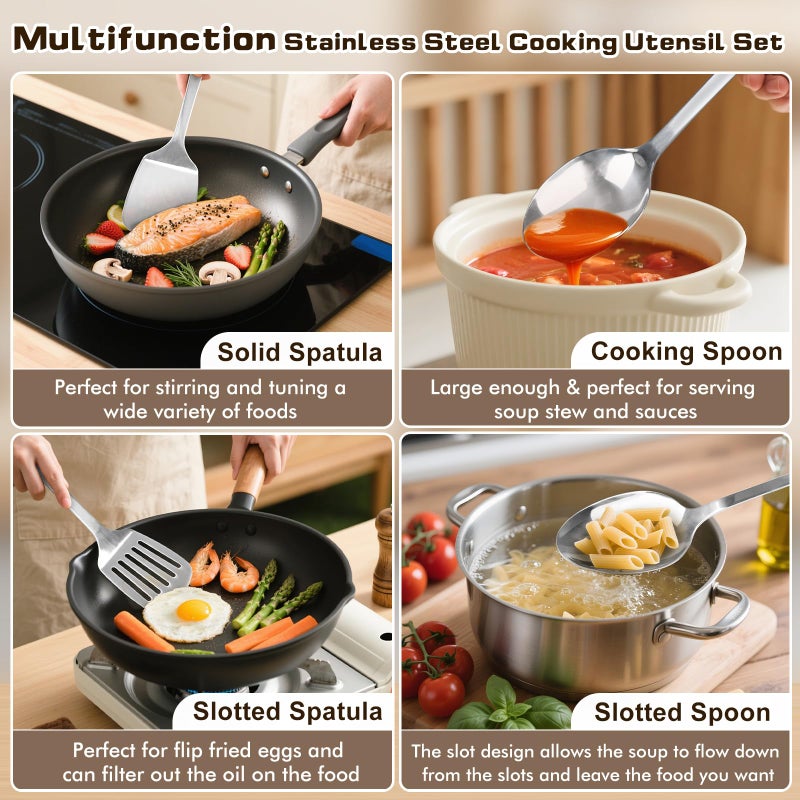 MemoGem 4 Pcs Cooking Utensils Set, Stainless Steel Kitchen Utensils, Heat Resistant Metal Kitchen Tools Include Solid & Slotted Turner Wok Spatula, Serving Spoon, Ergonomic Handle, Easy to Clean, Silver - Image 2
