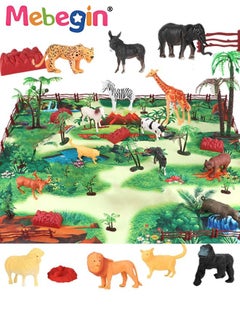 MEBEGIN 63 Pieces Animals Playset Toy with Big Play Mat and Storage Box Realistic Plastic Jungle Wild Zoo Animals Figures Playset with Elephant, Giraffe, Lion, Gorilla for Kids  - Image 1