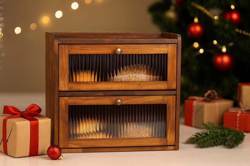 Sunhoo Bread Box for Kitchen Countertop Wooden Bread Storage Container Bin 2 Layer Breadbox Holder Large Capacity Keeper Vintage Farmhouse Food Organizer Pantry Shelf Acrylic Window (Brown) - Image 3