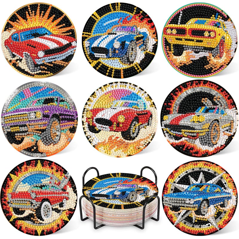 DOTZSO 8 Pcs Sports Car Diamond Art Coaster Kits with Holder,Diamond Painting Coasters for Adults Beginners,Party Home Decor Abstract,Fun Gifts for Women - Image 1