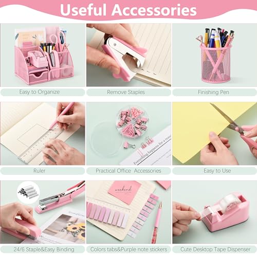 Fayoo 11 Pcs Pink Office Supplies Set Mesh Desk Organizer Accessories Kit Include Stapler Tape Dispenser Staple Remover Clips Ruler Scissors Sticky Notes for Office School Home Women (Pink) - Image 4