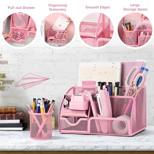 Fayoo 11 Pcs Pink Office Supplies Set Mesh Desk Organizer Accessories Kit Include Stapler Tape Dispenser Staple Remover Clips Ruler Scissors Sticky Notes for Office School Home Women (Pink) - Image 5