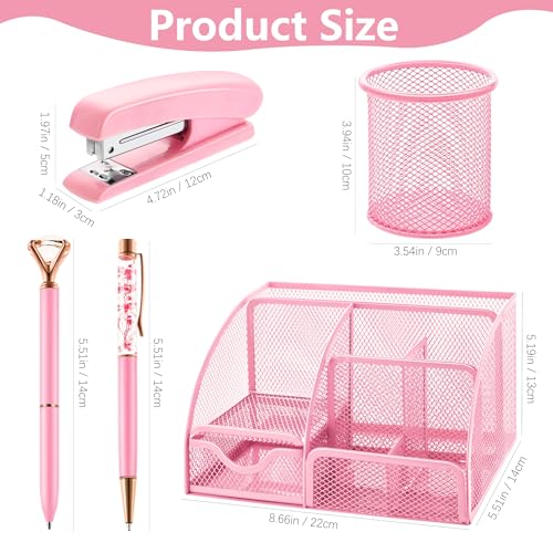 Fayoo 11 Pcs Pink Office Supplies Set Mesh Desk Organizer Accessories Kit Include Stapler Tape Dispenser Staple Remover Clips Ruler Scissors Sticky Notes for Office School Home Women (Pink) - Image 2