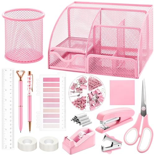 Fayoo 11 Pcs Pink Office Supplies Set Mesh Desk Organizer Accessories Kit Include Stapler Tape Dispenser Staple Remover Clips Ruler Scissors Sticky Notes for Office School Home Women (Pink) - Image 1