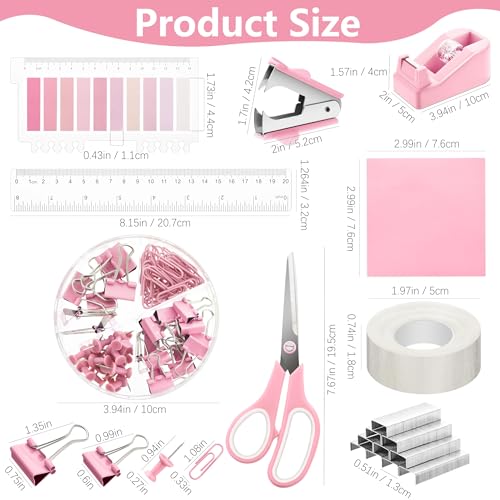 Fayoo 11 Pcs Pink Office Supplies Set Mesh Desk Organizer Accessories Kit Include Stapler Tape Dispenser Staple Remover Clips Ruler Scissors Sticky Notes for Office School Home Women (Pink) - Image 3
