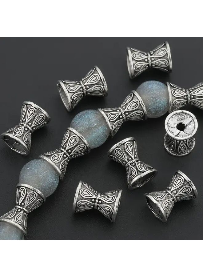 10 Antique Silvery Lotus Waist Drum Spacer Beads Double Sided Patterned Drill Hole Loose Spacers for DIY Bracelets Necklaces Earrings Pendants Keychains Clothing Accessories Craft Supplies - Image 2