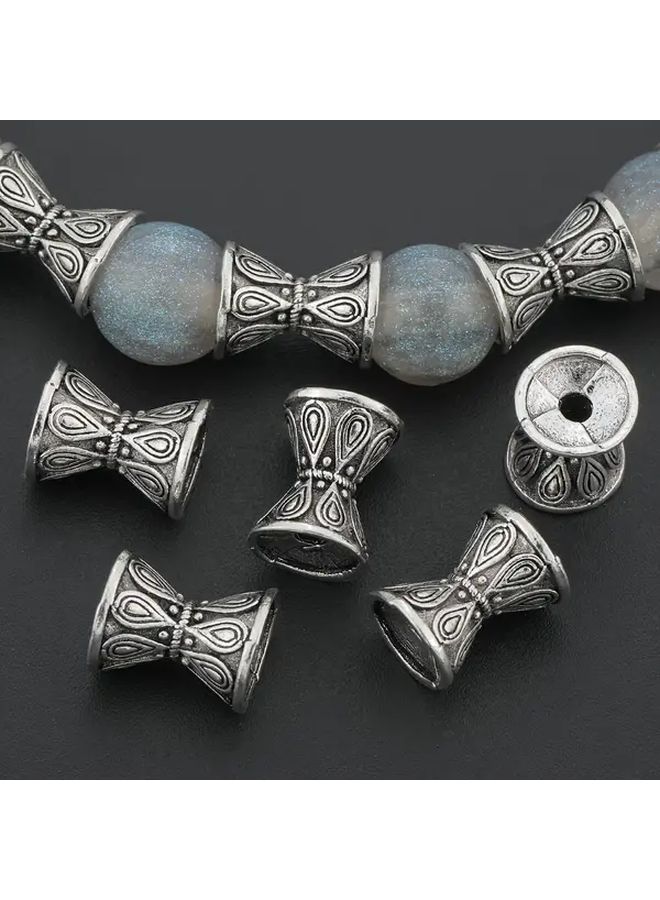 10 Antique Silvery Lotus Waist Drum Spacer Beads Double Sided Patterned Drill Hole Loose Spacers for DIY Bracelets Necklaces Earrings Pendants Keychains Clothing Accessories Craft Supplies - Image 5