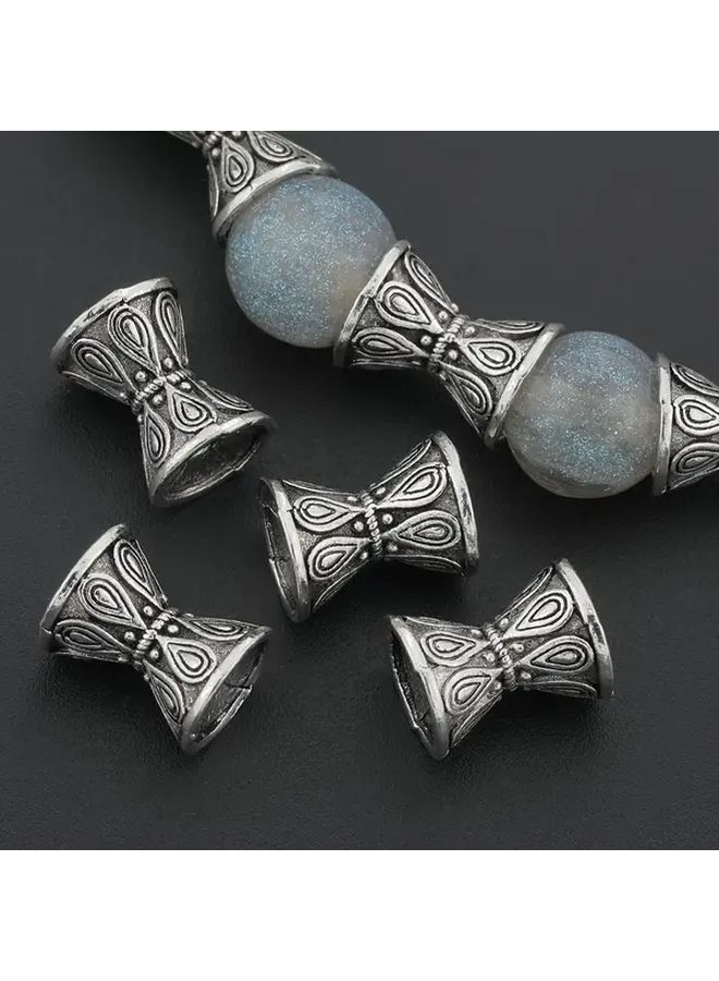 10 Antique Silvery Lotus Waist Drum Spacer Beads Double Sided Patterned Drill Hole Loose Spacers for DIY Bracelets Necklaces Earrings Pendants Keychains Clothing Accessories Craft Supplies - Image 1