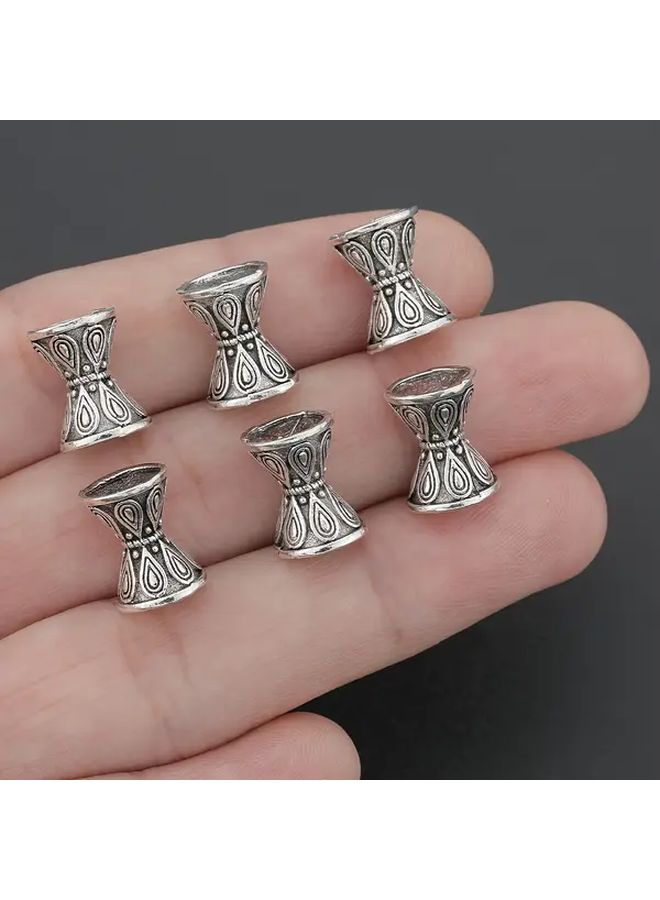 10 Antique Silvery Lotus Waist Drum Spacer Beads Double Sided Patterned Drill Hole Loose Spacers for DIY Bracelets Necklaces Earrings Pendants Keychains Clothing Accessories Craft Supplies - Image 3