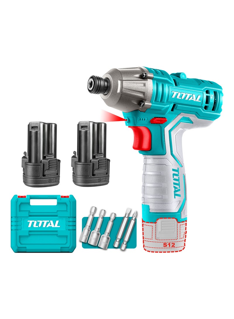 TOTAL 12V Compact Cordless Impact Driver (100Nm) - 1/4" Hex Drive, 2800BPM High-Torque Driver with USB-C Charging & 2x 1.5Ah Batteries - TIRLI12015 - Image 1