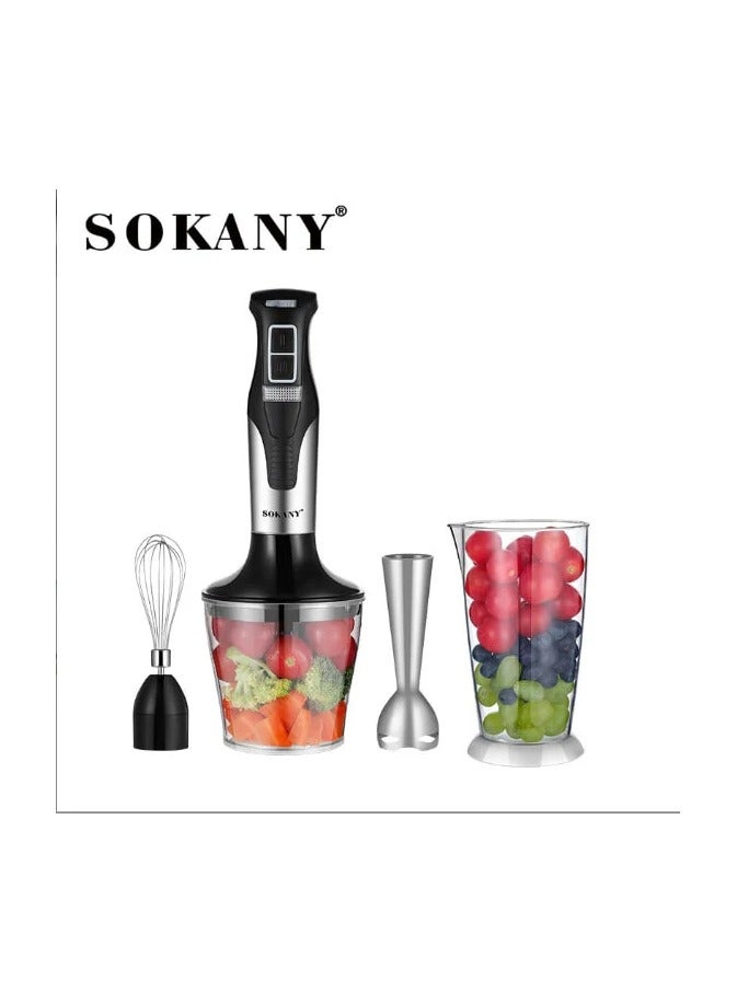 سوكاني خلاط سوكاني اليدوي 4 في 1،  سرعتان مصنوع من الفولاذ المقاوم للصدأ، ومحضر طعام، ومفرمة، وخفاقة بيض، وكأس - بقوة 1000 واط، مصمم لتلبية جميع احتياجاتك في الخلط وتحضير الطعام.-SK-758-4N - Image 1