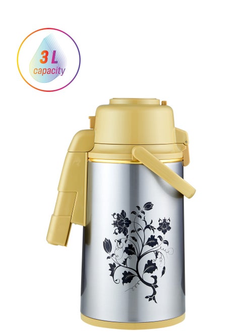 3000 ML Delcasa  Airport Flask with Double Wall Vacuum Insulation and Pump Mechanism | 360-Degree Rotating Base, Asbestos-Free Pink Glass Inner, Splash-Proof Design with Adjustable Nozzle| Keeps