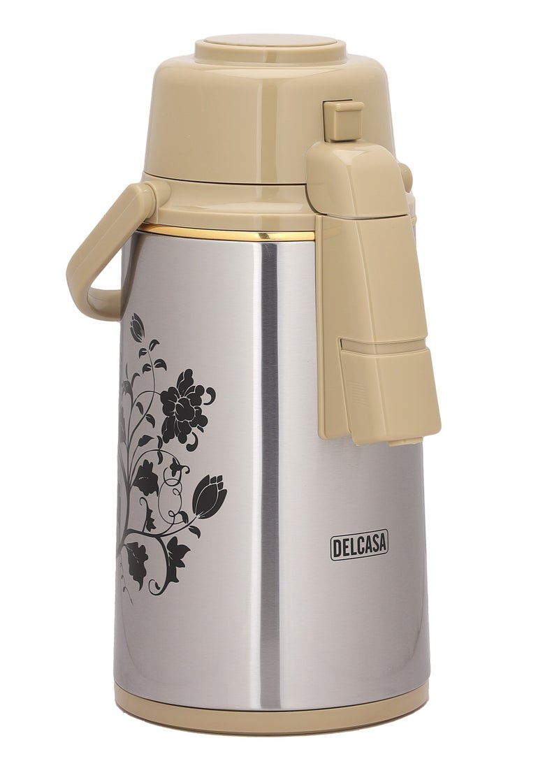 DELCASA - 3000 ML Delcasa  Airport Flask with Double Wall Vacuum Insulation and Pump Mechanism | 360-Degree Rotating Base, Asbestos-Free Pink Glass Inner, Splash-Proof Design with Adjustable Nozzle| Keeps - Image 1