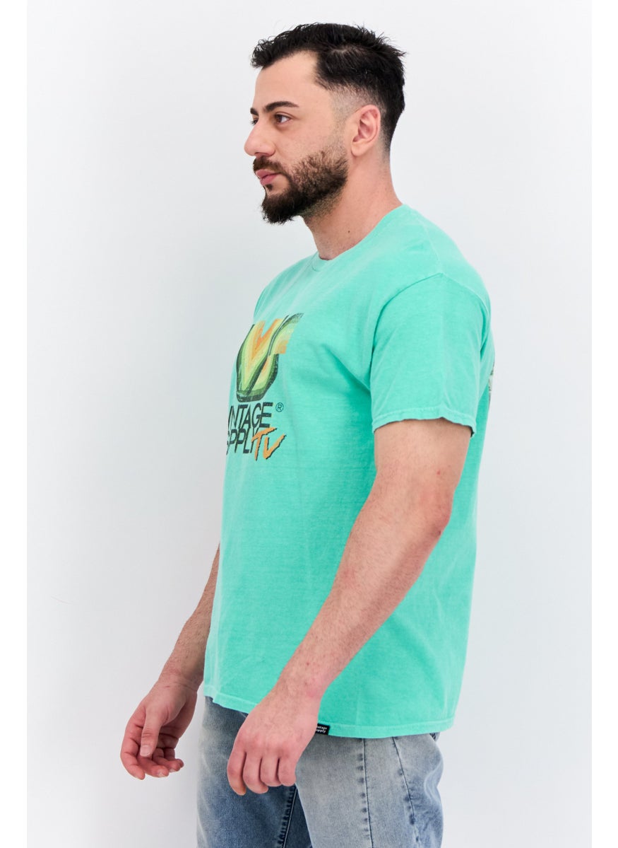 Vintage Supply Men Crew Neck Short Sleeves Brand Logo T-Shirt, Spring Green  - Image 4