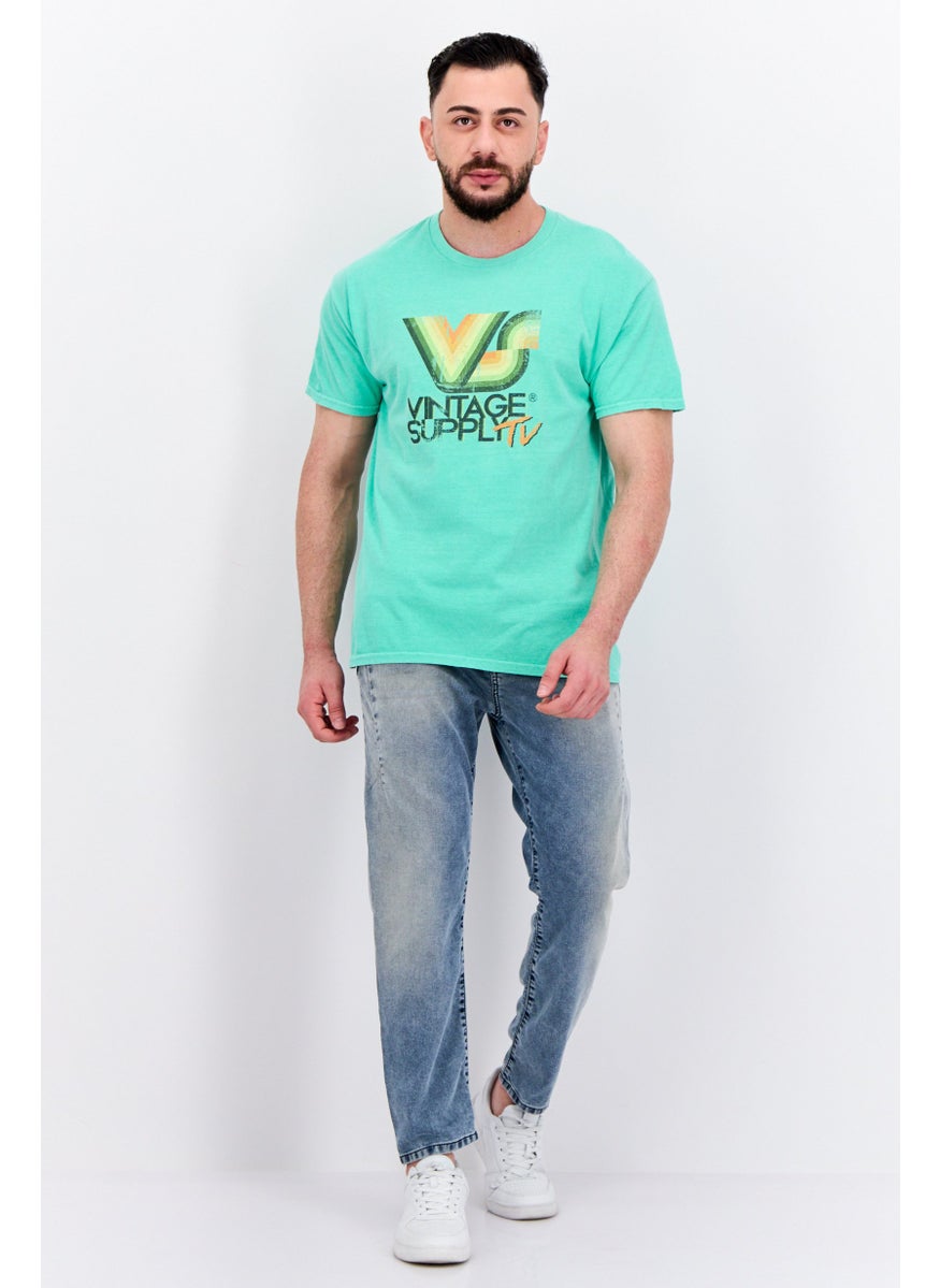 Vintage Supply Men Crew Neck Short Sleeves Brand Logo T-Shirt, Spring Green  - Image 2