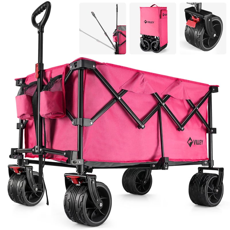 VILLEY Collapsible Folding Wagon with Big Wheels Enlarged 225lbs Capacity All Terrain Wagons Carts Heavy Duty Foldable Portable Utility Garden Cart with 2 Cup Holders and Brake Pink