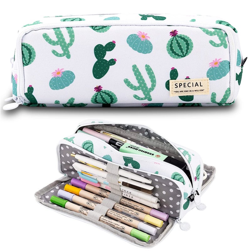 MAMUNU Big Capacity Pencil Pen Case 3 Compartments Large Storage Canvas Pencil Pouch with Zipper Green Cactus Design Aesthetic Pencil Pouch For Office School