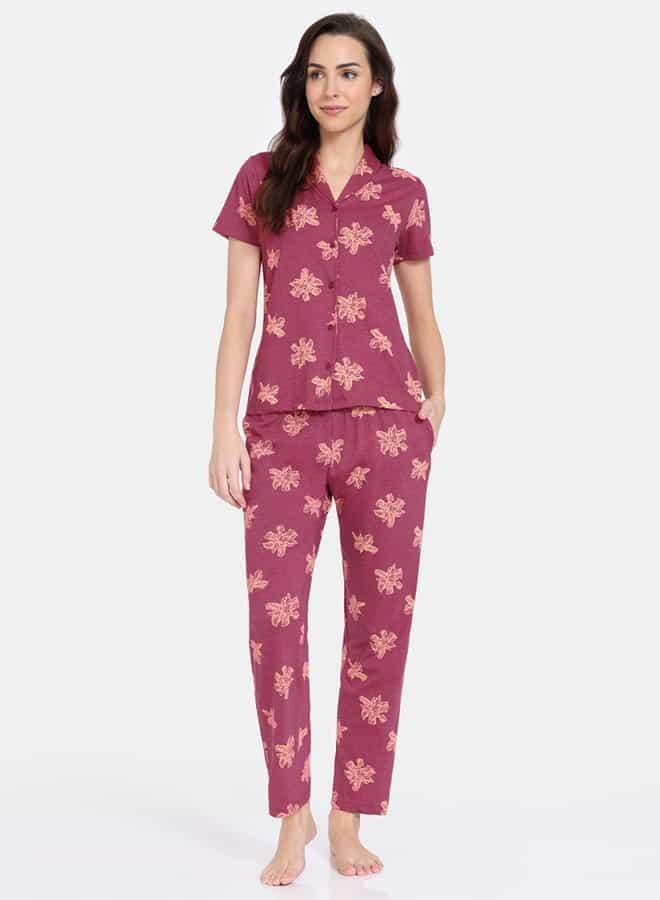 zivame Zivame All-Over Floral Print Shirt and Pyjama Set - Image 1