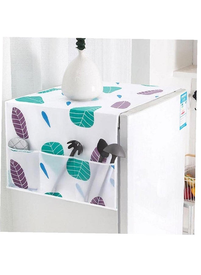 O Ozone Dust-Proof Fridge Cover Washing Machine Cover [ Fridge Organizer ] with Storage Pockets for Pods Utensils or Anything for Quick Access- (Leaf pattern)  - Image 1