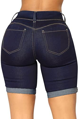 roswear Women's Mid Rise Skinny Butt Lifting Stretchy Bermuda Jeans Shorts Dark Blue Large - Image 2