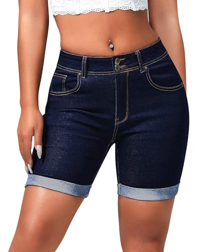 roswear Women's Mid Rise Skinny Butt Lifting Stretchy Bermuda Jeans Shorts Dark Blue Large - Image 1