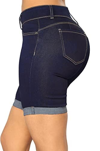 roswear Women's Mid Rise Skinny Butt Lifting Stretchy Bermuda Jeans Shorts Dark Blue Large - Image 3