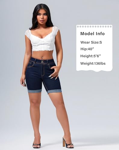 roswear Women's Mid Rise Skinny Butt Lifting Stretchy Bermuda Jeans Shorts Dark Blue Large - Image 4