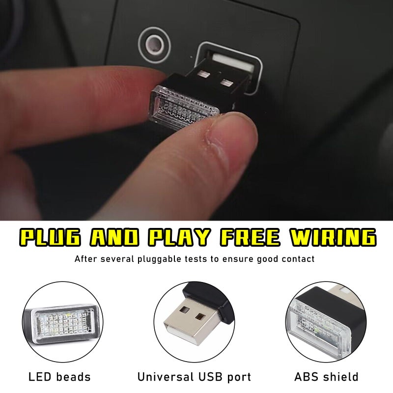 Augeny 4 PCS USB LED Car Interior Atmosphere Lamp, Plug-in USB Decor Night Light, Portable Auto Ambient Lighting Kit, Universal Vehicle Interior Accessories for Most Cars (Yellow) - Image 3