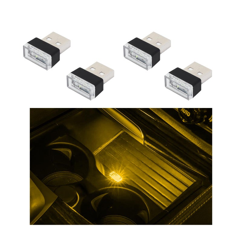 Augeny 4 PCS USB LED Car Interior Atmosphere Lamp, Plug-in USB Decor Night Light, Portable Auto Ambient Lighting Kit, Universal Vehicle Interior Accessories for Most Cars (Yellow) - Image 1