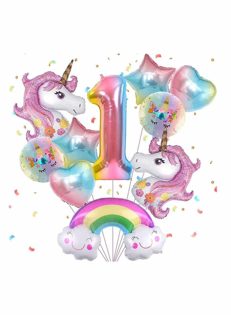 SYOSI Unicorn Birthday Decorations for Girls, SYOSI 10Pcs Unicorn Balloons Set with Rainbow, Heart, Star and Number 1 Foil Balloons for 1st Birthday Party Decorations - Image 1