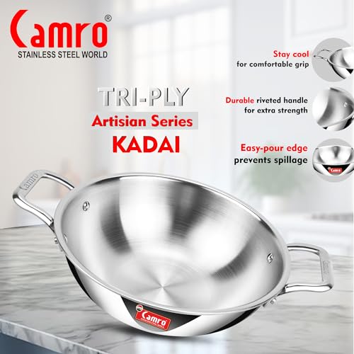 Camro Triply Metal Artisian Induction Friendly | Triply Stainless Steel Cookware I Tri Ply kadhai with Induction Base I (Triply Artisian Kadhai, 28 cm, 4.4 Litre) - Image 5