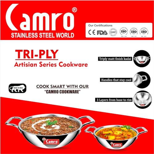 Camro Triply Metal Artisian Induction Friendly | Triply Stainless Steel Cookware I Tri Ply kadhai with Induction Base I (Triply Artisian Kadhai, 28 cm, 4.4 Litre) - Image 4