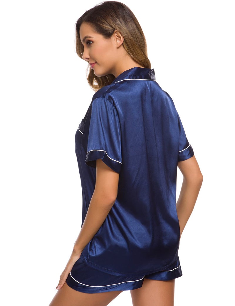 SWOMOG Womens Silk Satin Pajamas Set Two-piece Pj Sets Sleepwear Loungewear Button-Down Pj Sets Navy Blue - Image 5