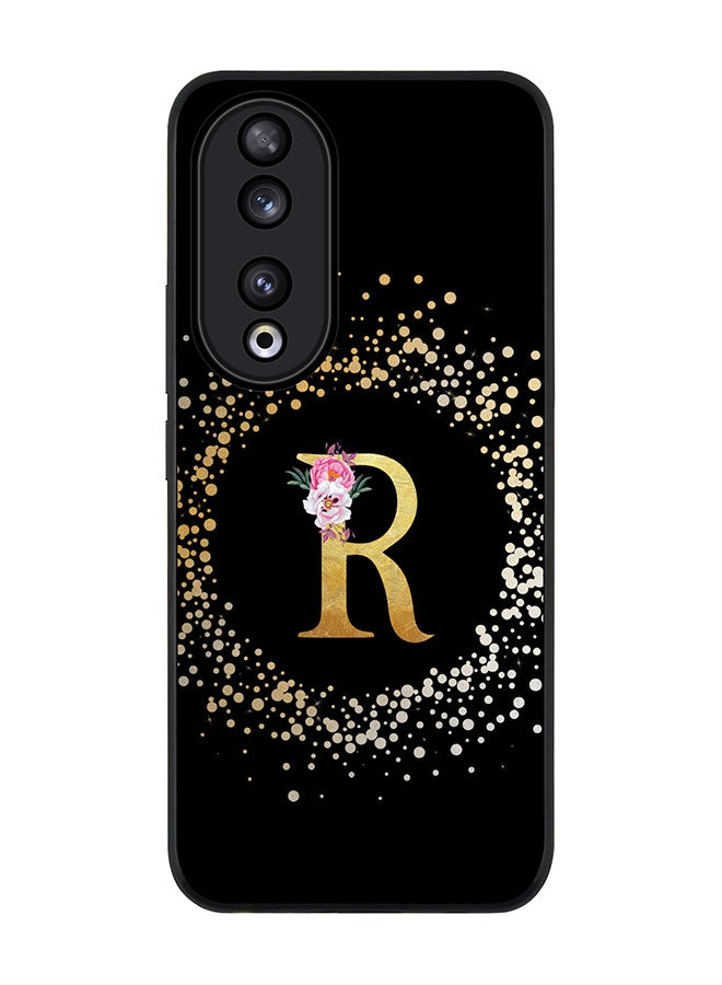 Stylizedd Rugged Black edge case for Honor 90 5G, Slim fit Flexible Anti Drop Thin Cover - Custom Monogram Initial Letter Floral Pattern Alphabet - R ( Black ) - Image 1