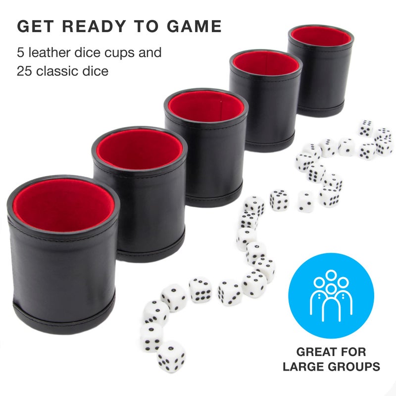 Brybelly Dice Set with Dice Shaker Cup  Perfect for Casino Dice Game for Family Leather  Poker Dice Shaker  5 Red Lined Dice Cups and 25 Dice Sets - Image 3