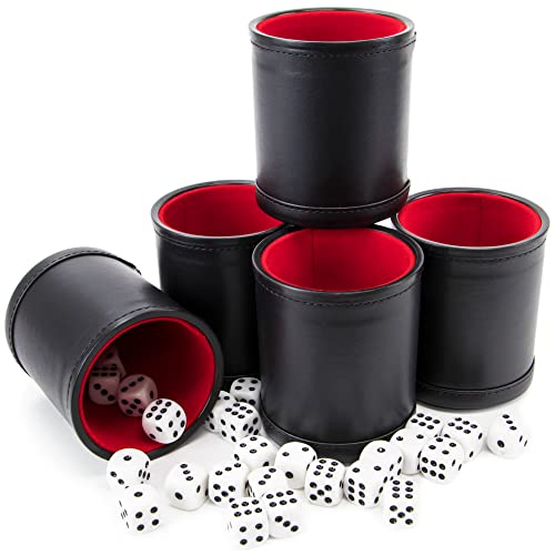 Brybelly Dice Set with Dice Shaker Cup  Perfect for Casino Dice Game for Family Leather  Poker Dice Shaker  5 Red Lined Dice Cups and 25 Dice Sets - Image 1