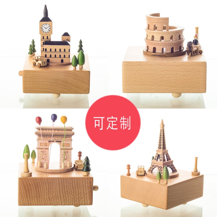 Manufacturers Produce Handicrafts Nordic Simple Wind Sky City Rotating Music Box Music Box Solid Wood Handicrafts - Image 3