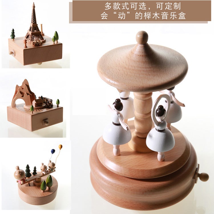 Manufacturers Produce Handicrafts Nordic Simple Wind Sky City Rotating Music Box Music Box Solid Wood Handicrafts - Image 2