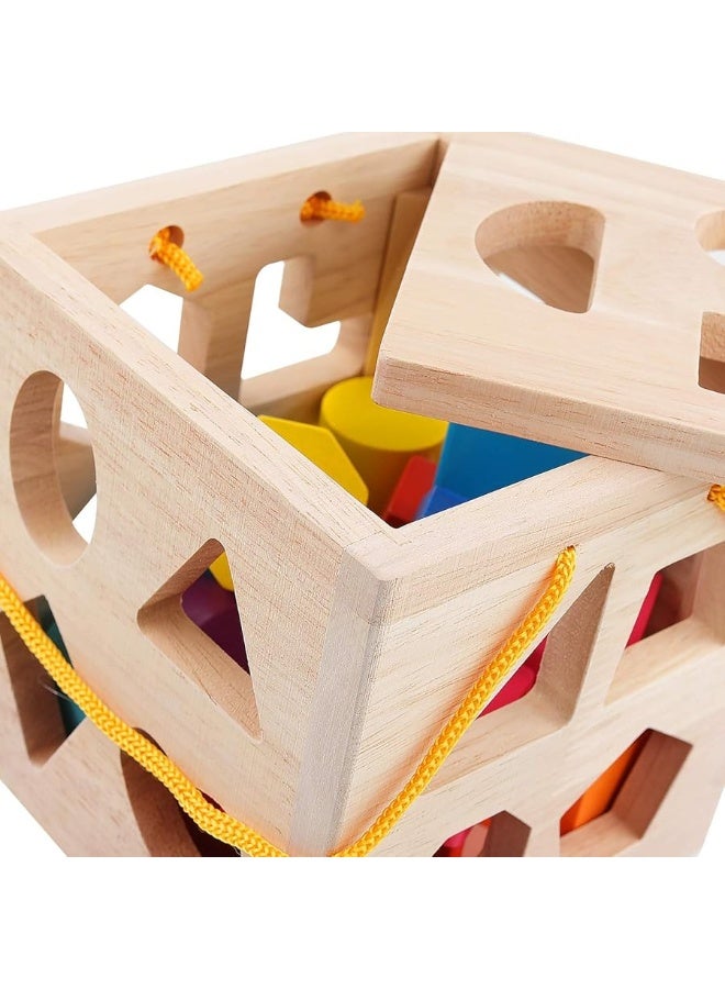 QZMTOY ألعاب تصنيف الأشكال QZMTOY مع 19 كتلة شكل، صندوق لعبة مكعب تصنيف الأشكال، ألعاب خشبية كلاسيكية للأطفال، هدية للبنات والأولاد من 2-4 (خشب صلب طبيعي) - Image 4
