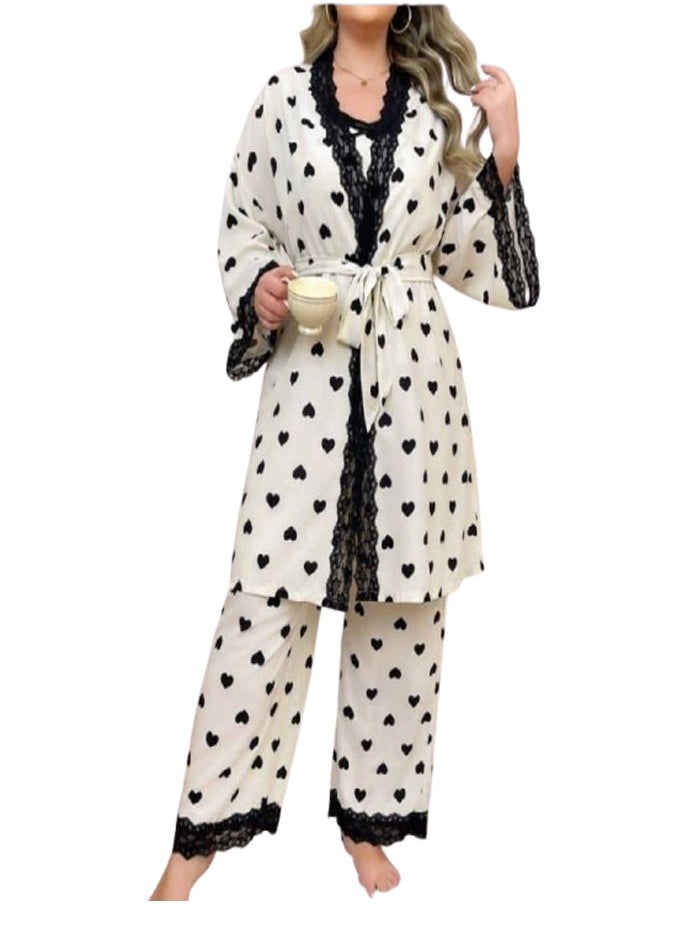 Generic - 3-piece pajama robe set - custom size - heart print - white - Image 1