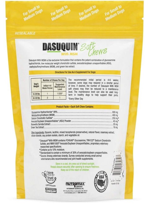 Nutramax Dasuquin with MSM Joint Health Supplement for Small to Medium Dogs - With Glucosamine, MSM, Chondroitin, ASU, Boswellia Serrata Extract, and Green Tea Extract, 84 Soft Chews
