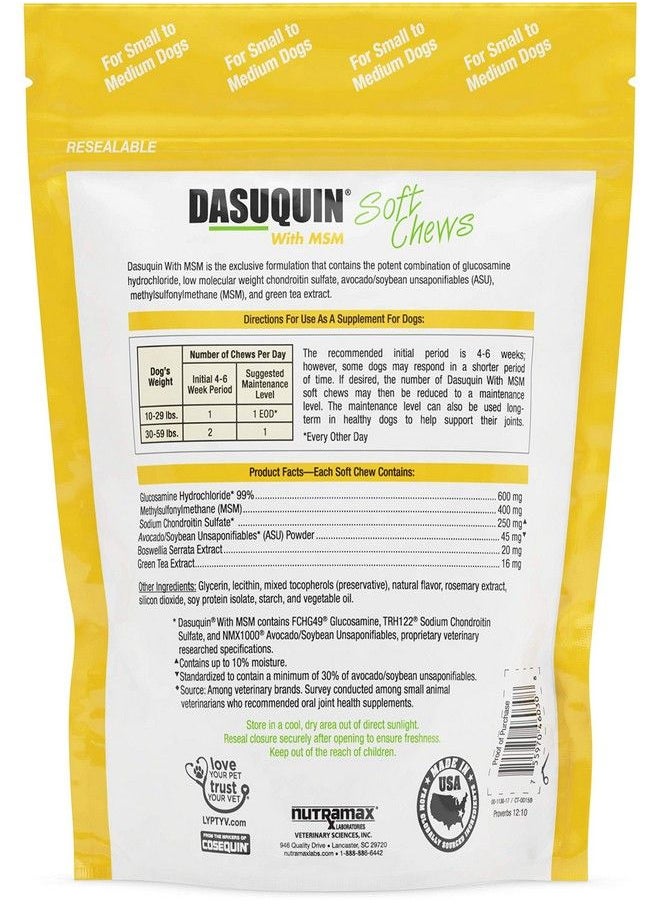 Nutramax Laboratories Nutramax Dasuquin with MSM Joint Health Supplement for Small to Medium Dogs - With Glucosamine, MSM, Chondroitin, ASU, Boswellia Serrata Extract, and Green Tea Extract, 84 Soft Chews  - Image 1