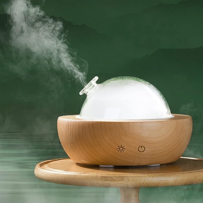GLASS ESSENTIAL OIL DIFFUSER WITH REAL WOOD BASE, 180ML AROMATHERAPY DIFFUSER WITH 2 MIST MODES, 7 COLORS LED LIGHT ULTRASONIC COOL MIST HUMIDIFIER FOR HOME AND OFFICE