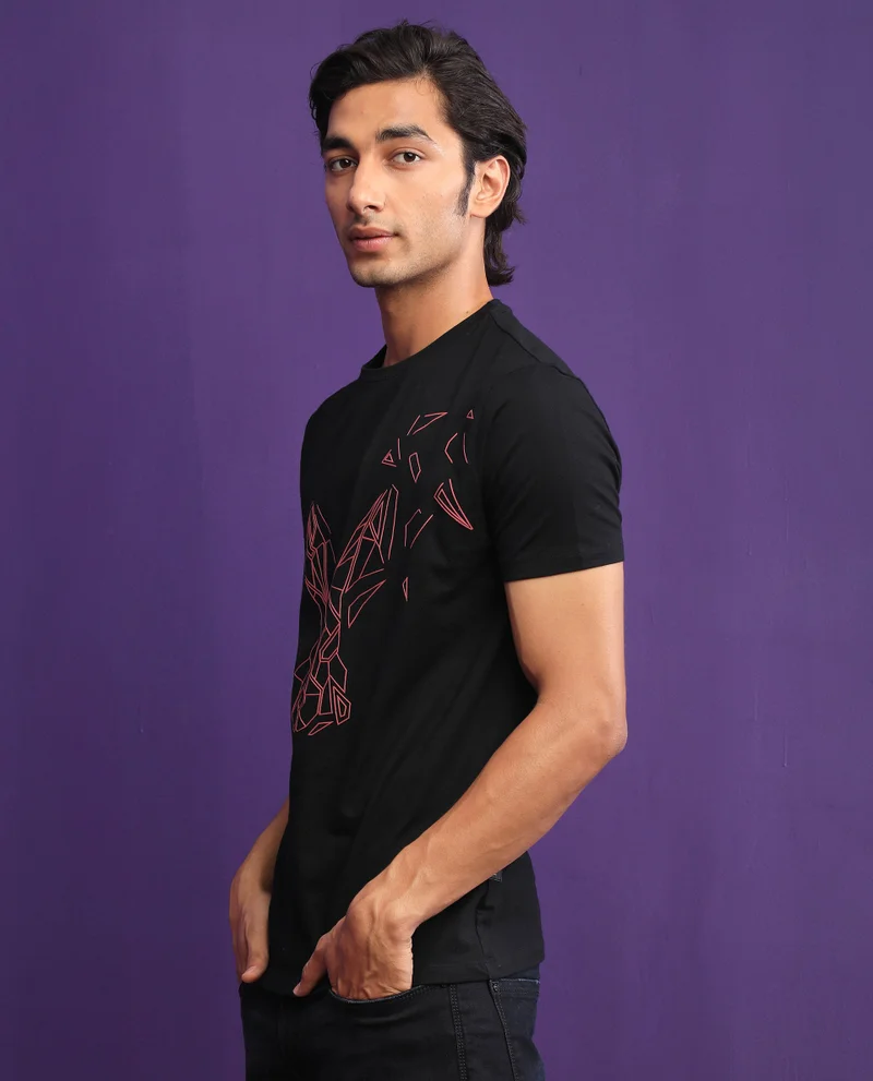Rare Rabbit Rare Rabbit Mens Flames 2 Black Cotton Lycra Fabric Short Sleeves Crew Neck Slim Fit T-Shirt