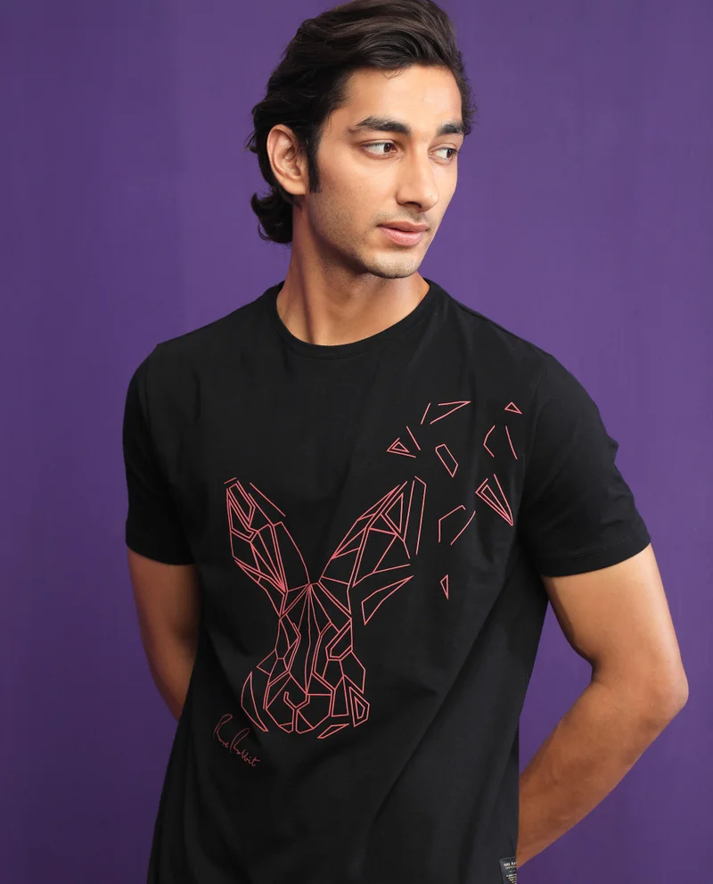 Rare Rabbit Rare Rabbit Mens Flames 2 Black Cotton Lycra Fabric Short Sleeves Crew Neck Slim Fit T-Shirt